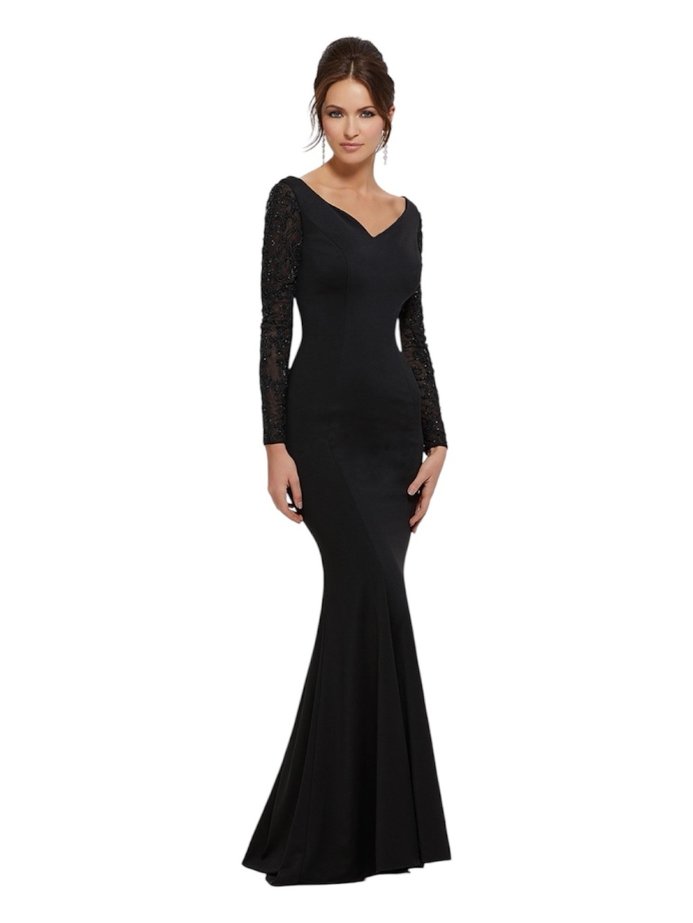 Black Long Sleeve Beaded Mermaid Gown - Brand:
